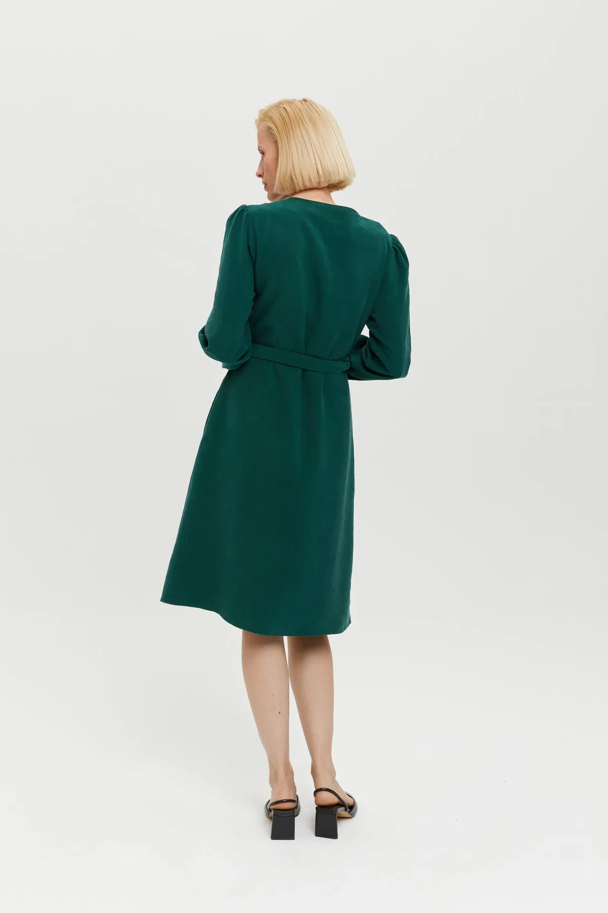 Sophie | Classy Wrap Dress with Puff Sleeves and Tie Waist in Forest Green