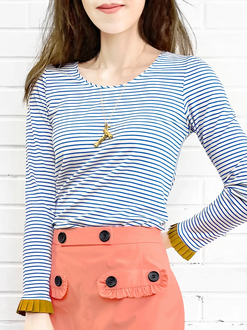 Surprise Sale! Classic White/ Blue Stripe Contrast Ruffle Cuff Knit Top