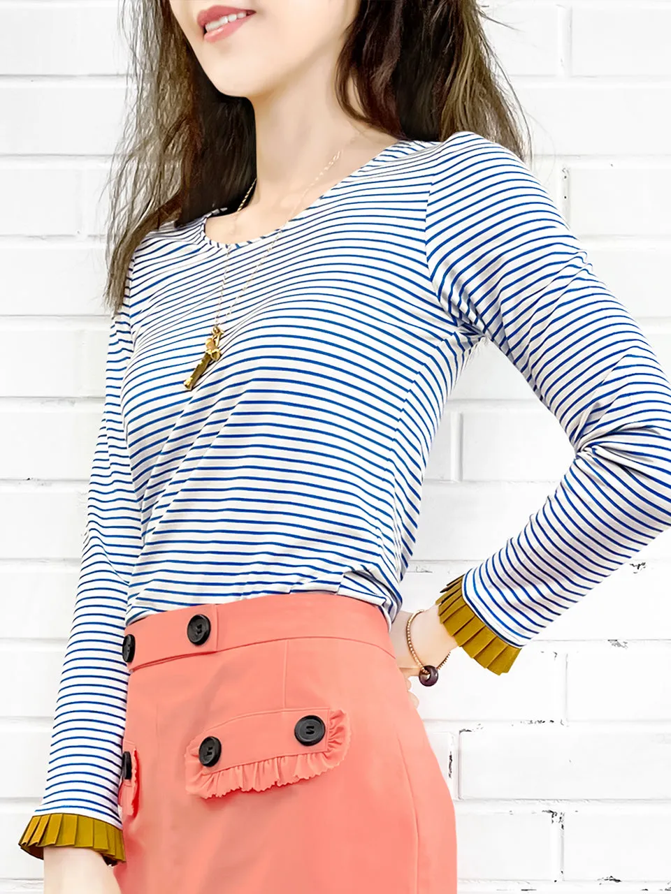 Surprise Sale! Classic White/ Blue Stripe Contrast Ruffle Cuff Knit Top