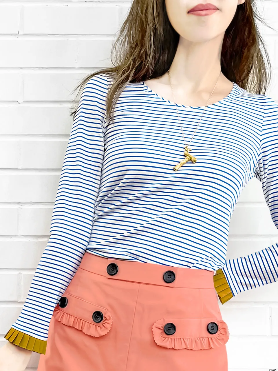 Surprise Sale! Classic White/ Blue Stripe Contrast Ruffle Cuff Knit Top