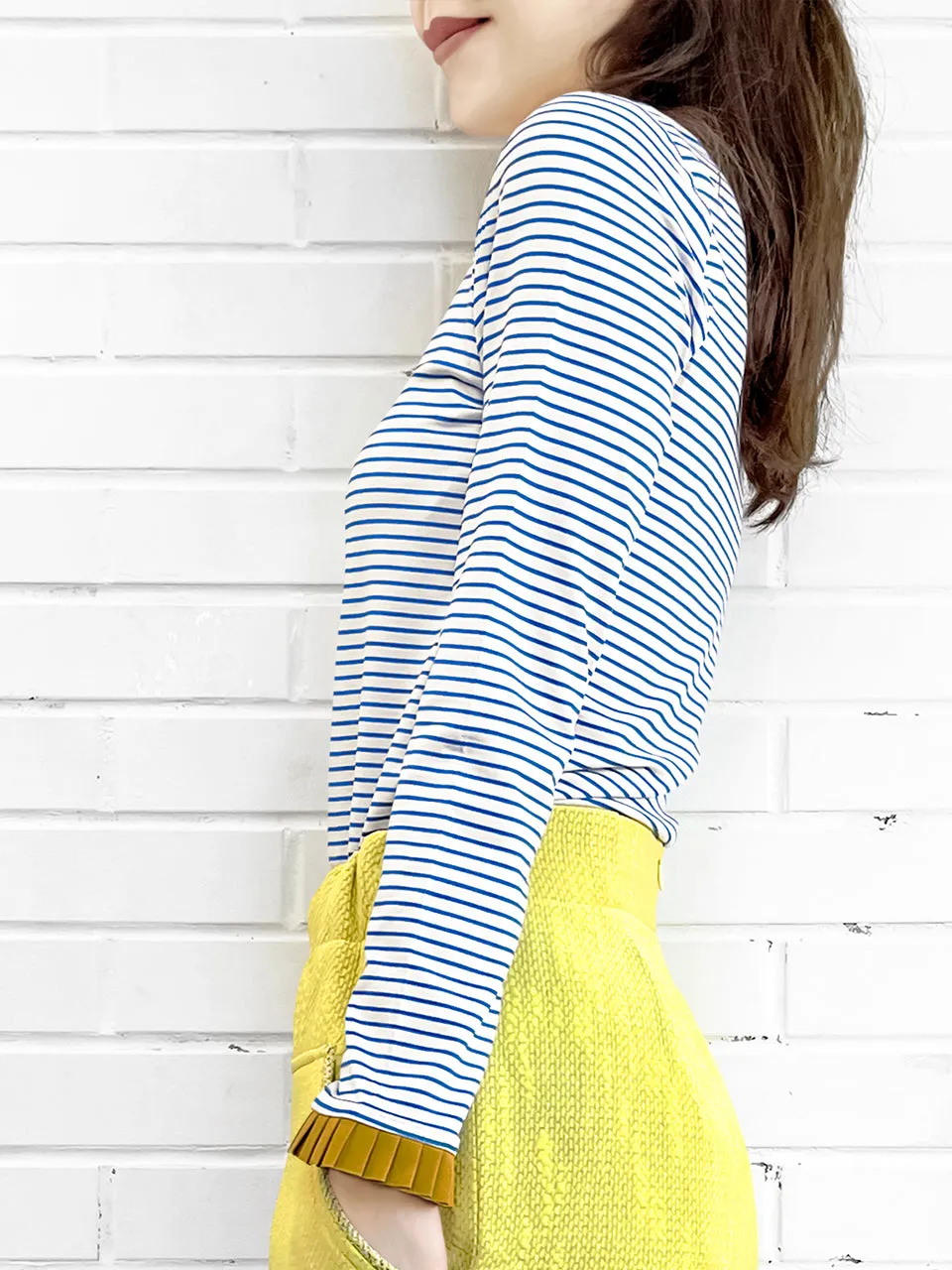 Surprise Sale! Classic White/ Blue Stripe Contrast Ruffle Cuff Knit Top