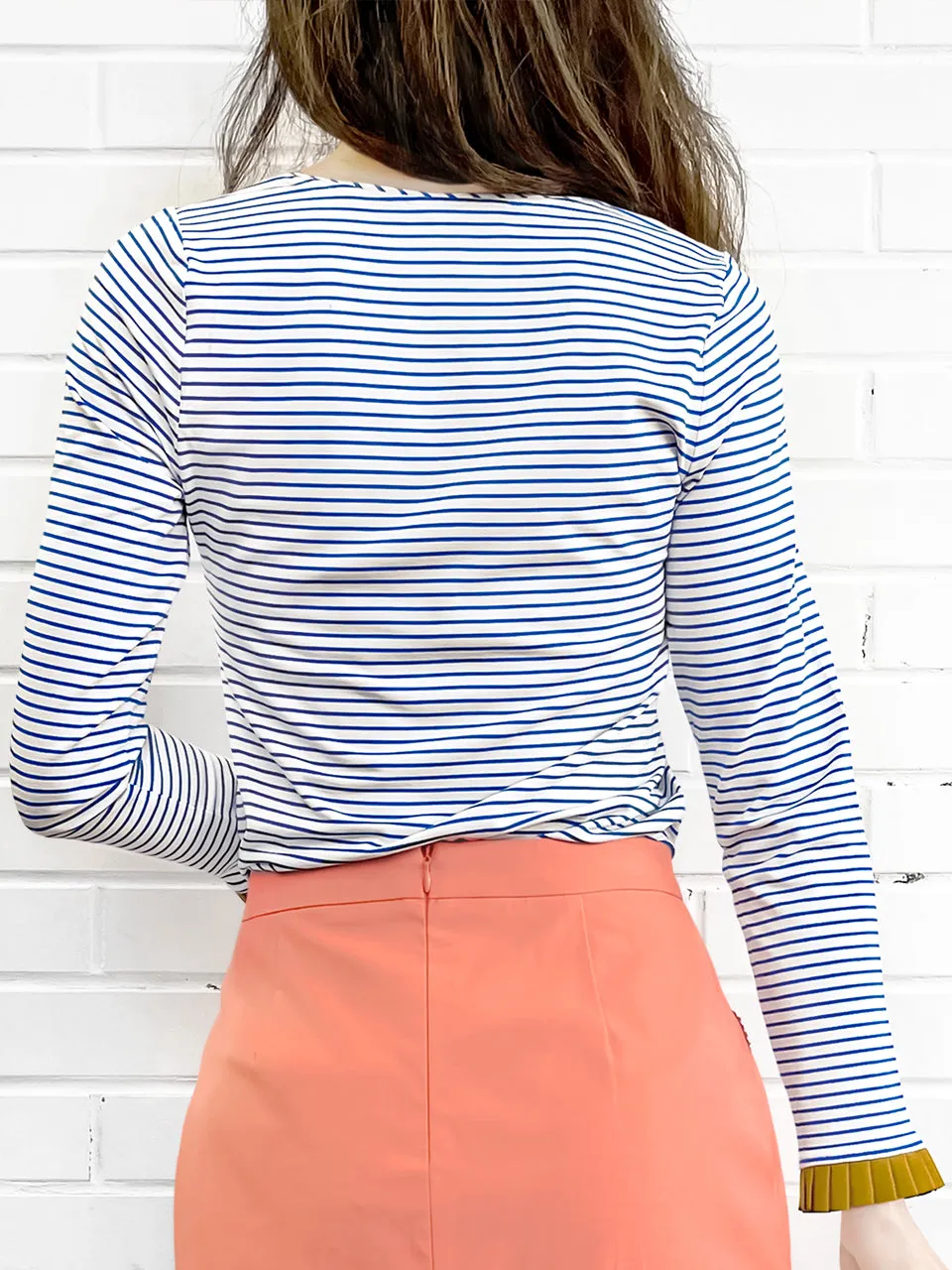 Surprise Sale! Classic White/ Blue Stripe Contrast Ruffle Cuff Knit Top