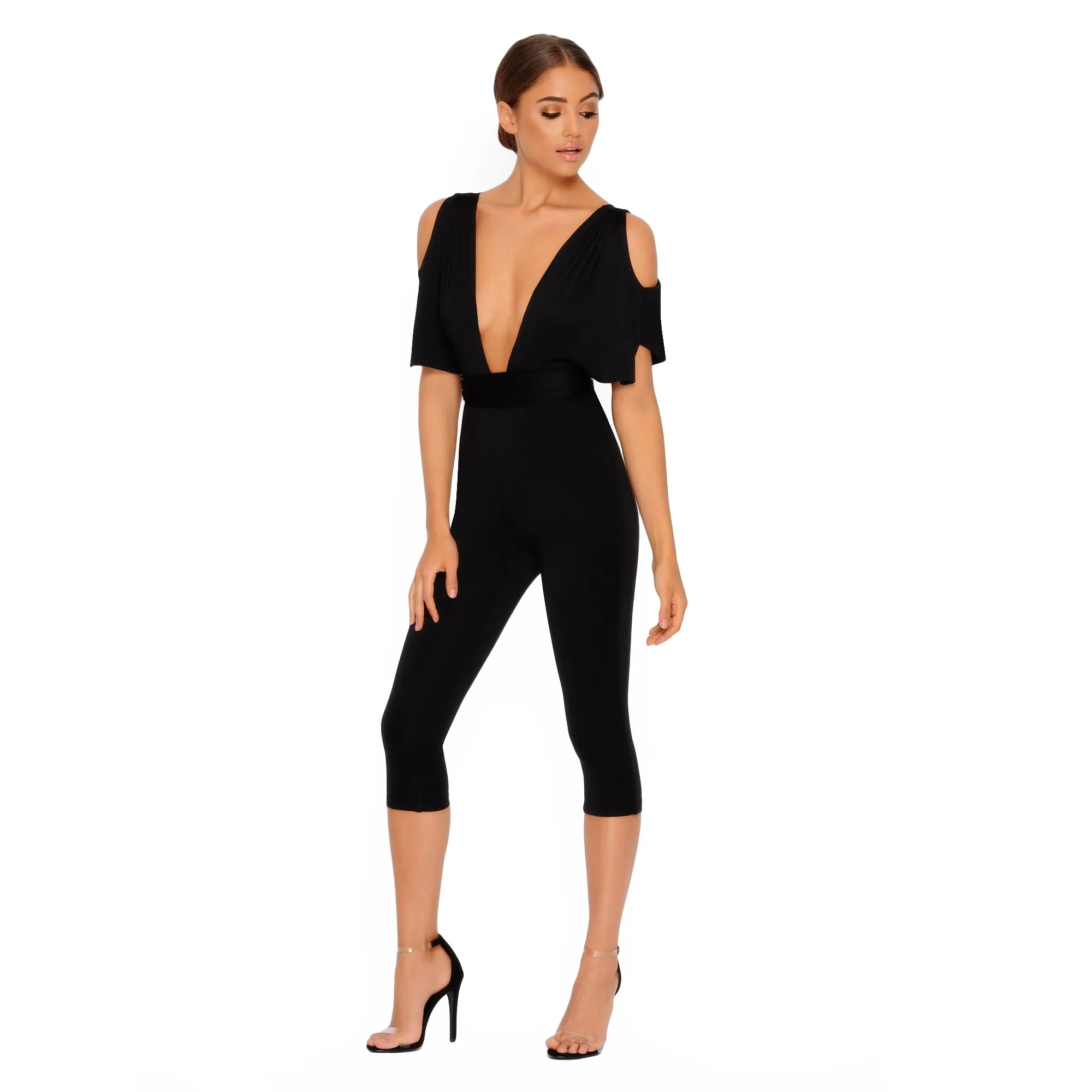 Take The Plunge Cold Shoulder Cropped Jumpsuit in  Black