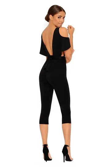 Take The Plunge Cold Shoulder Cropped Jumpsuit in  Black