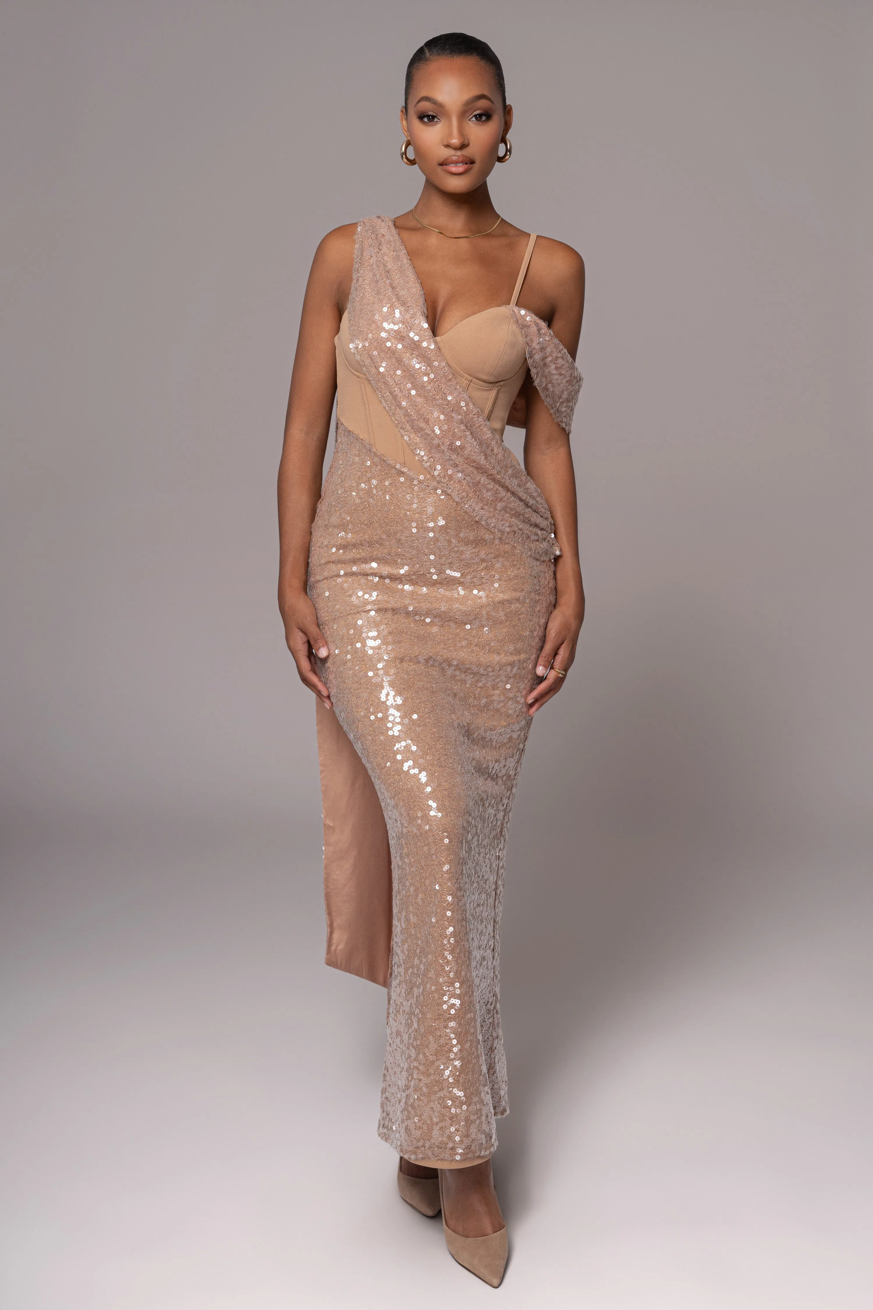 Tan Amani Draped Sequin Maxi Dress