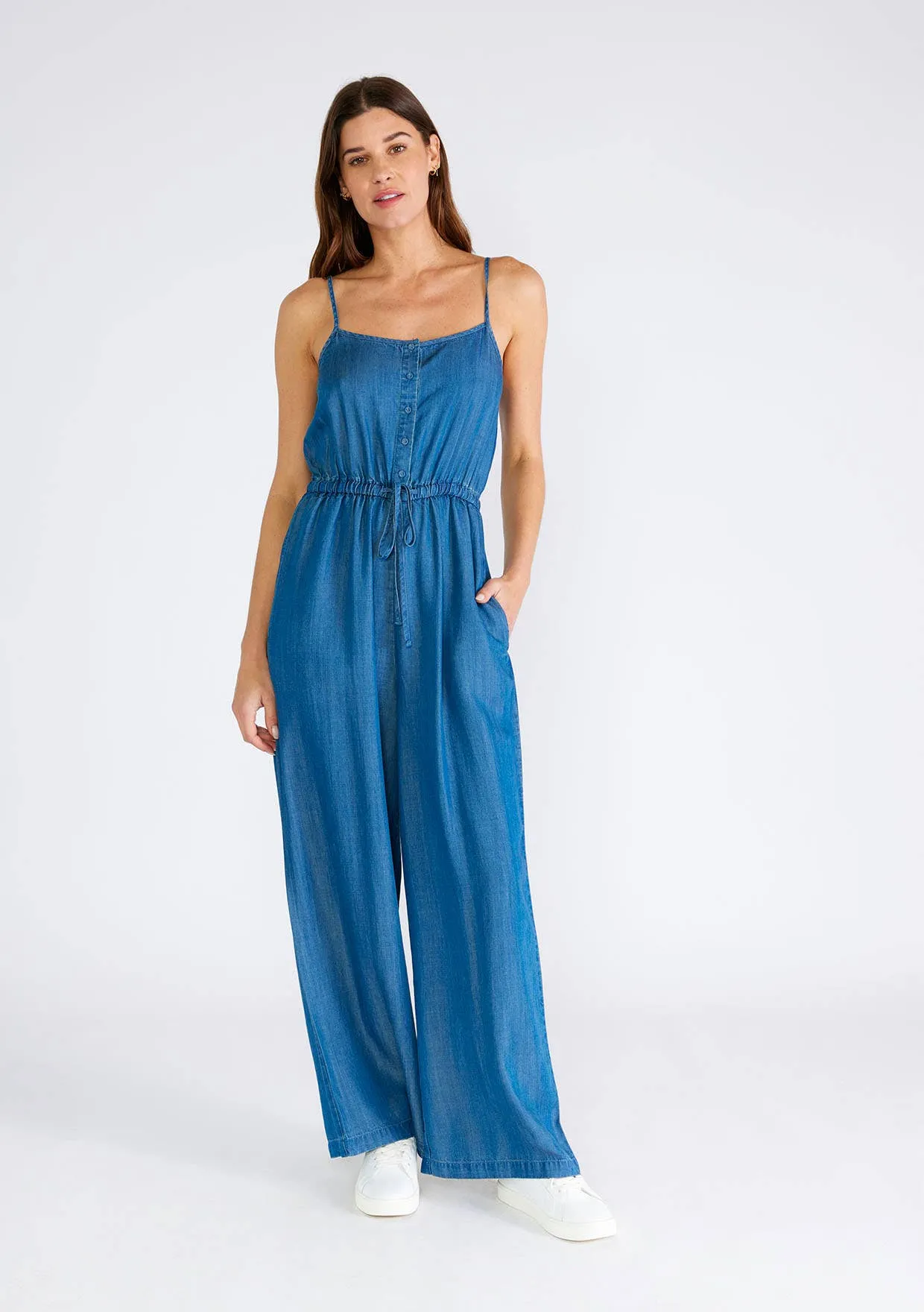 Tencel Sleeveless Button Front Wide Leg Jumpsuit