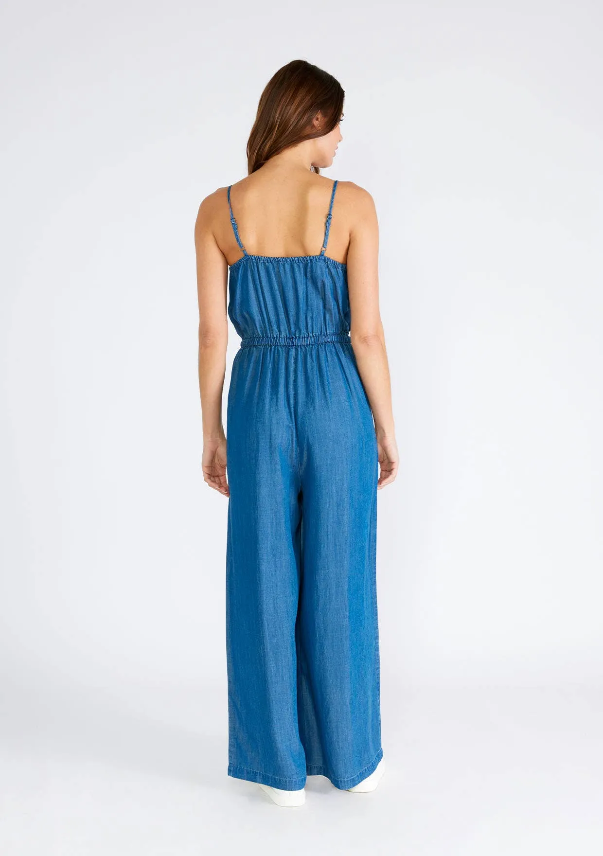 Tencel Sleeveless Button Front Wide Leg Jumpsuit