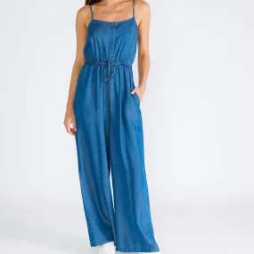 Tencel Sleeveless Button Front Wide Leg Jumpsuit