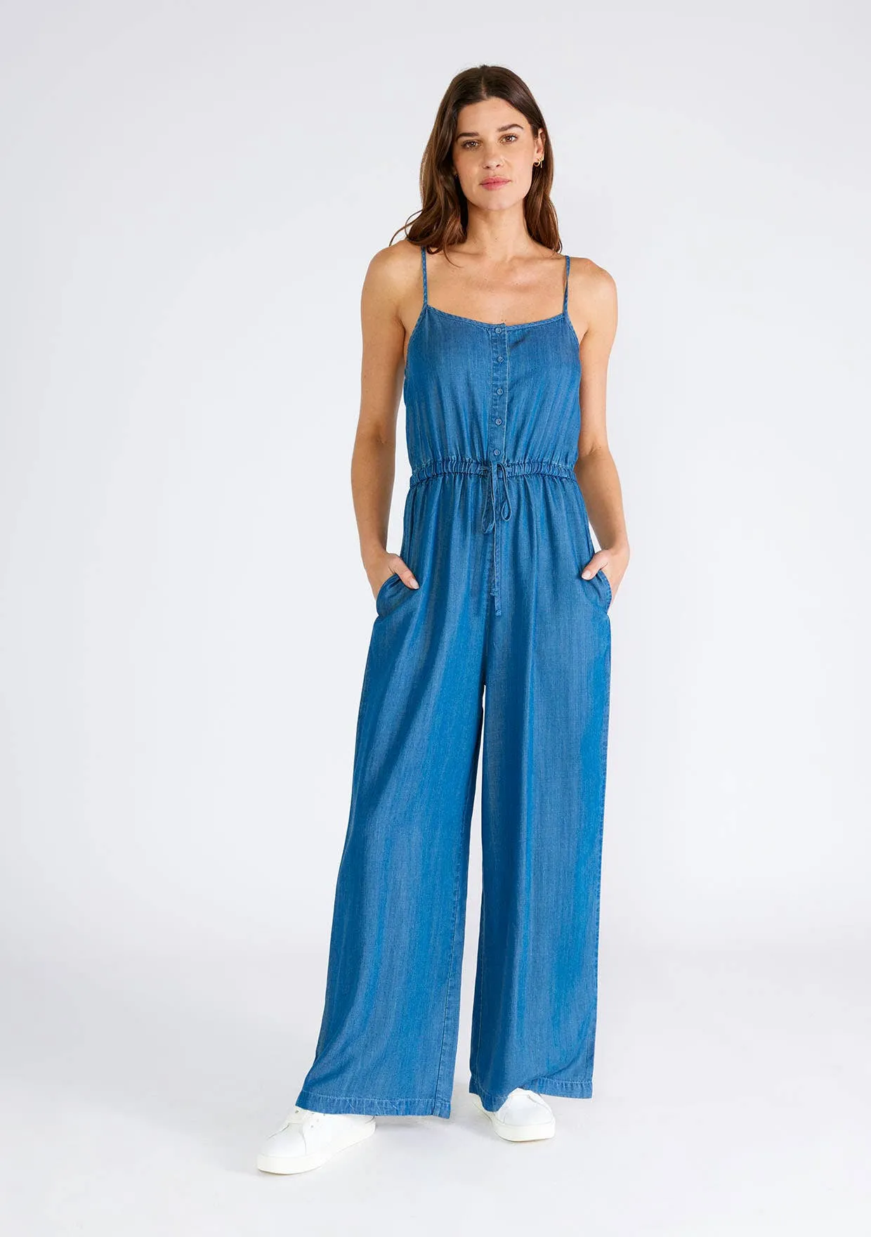 Tencel Sleeveless Button Front Wide Leg Jumpsuit