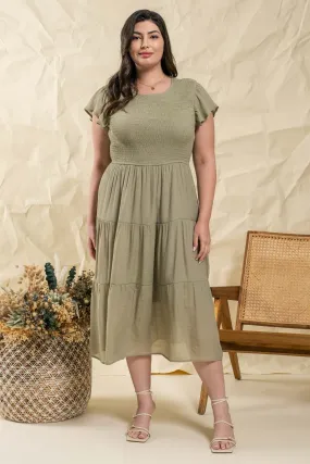 The Jamison Smocked Tiered Midi Dress in Light Olive