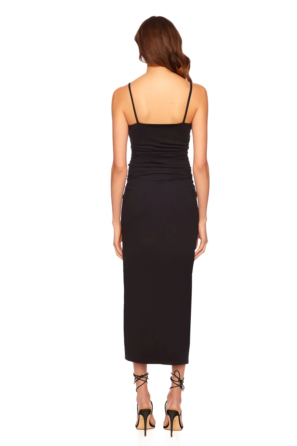 thin strap ruched slit maxi dress