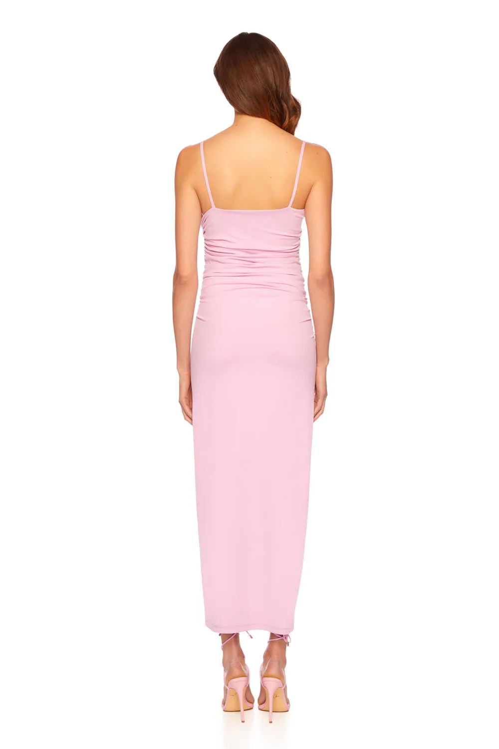 thin strap ruched slit maxi dress