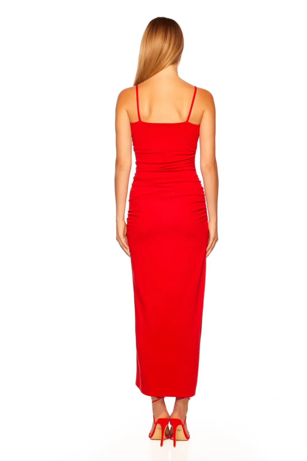 thin strap ruched slit maxi dress