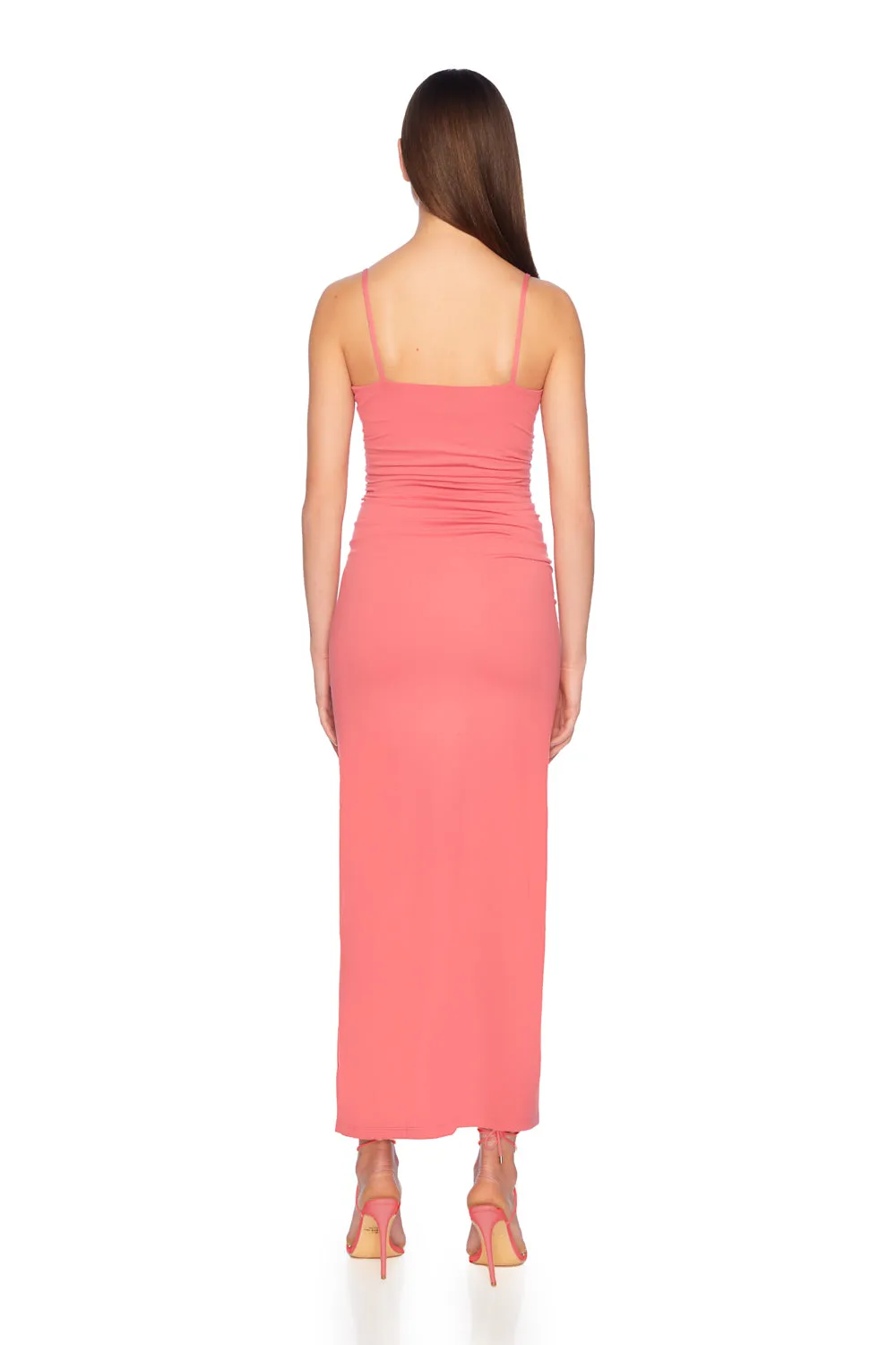 thin strap ruched slit maxi dress