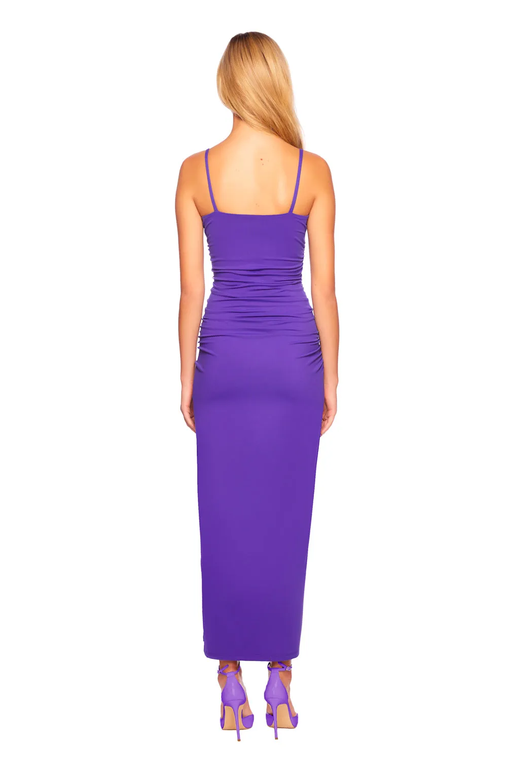 thin strap ruched slit maxi dress