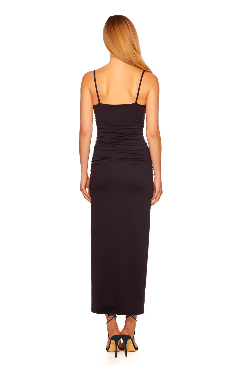 thin strap ruched slit maxi dress