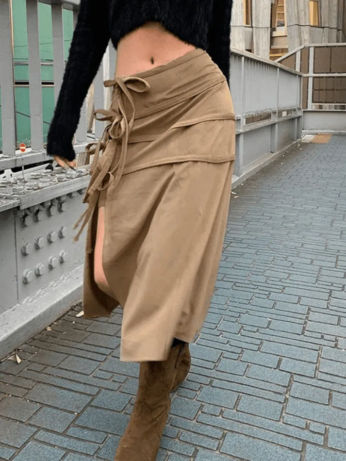 Tie Strap Slit Trendy Long Sleeve Maxi Dress