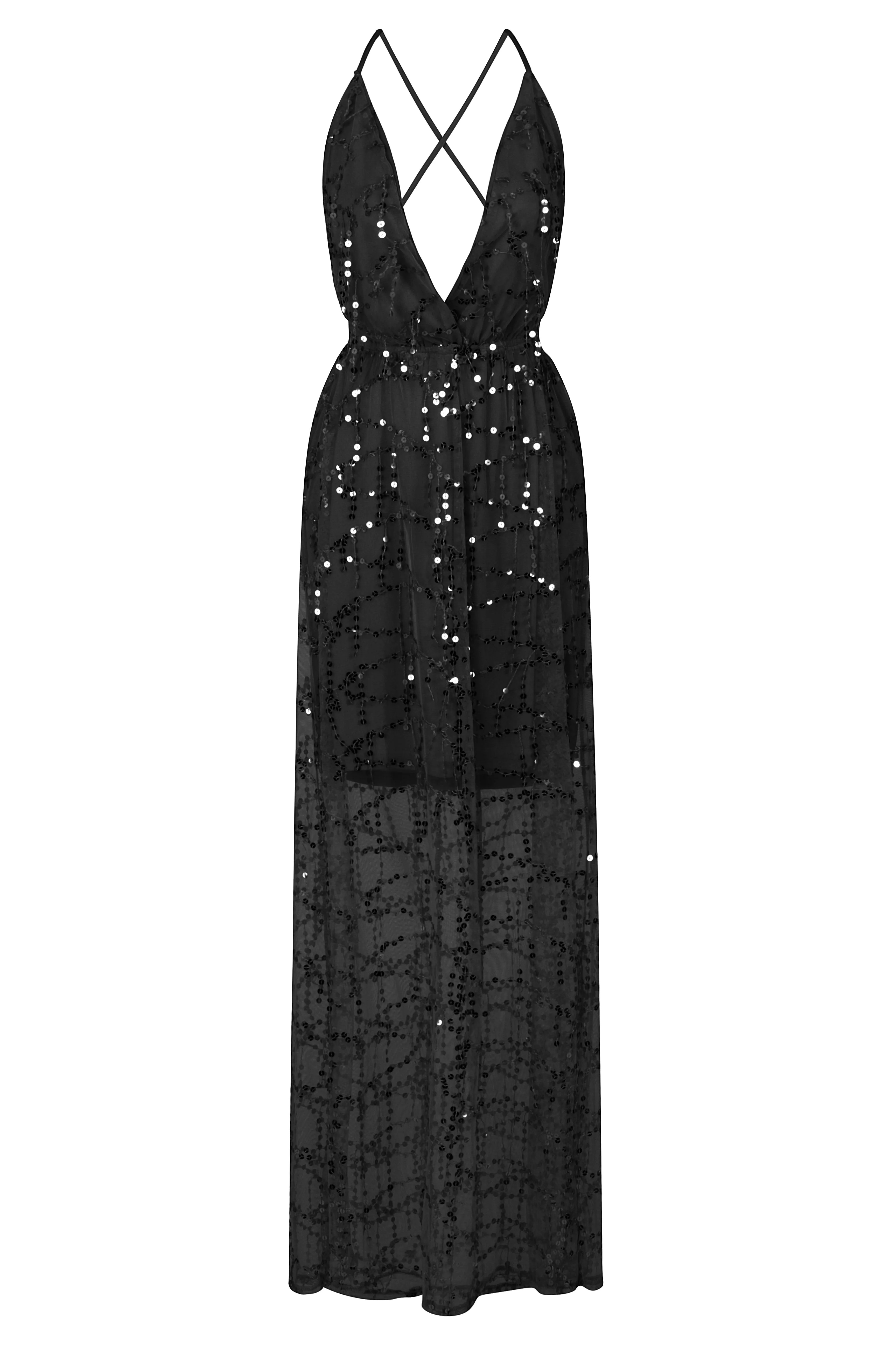 Tiffany Black Plunge Sequin Tassel Fringe Sheer Maxi Dress