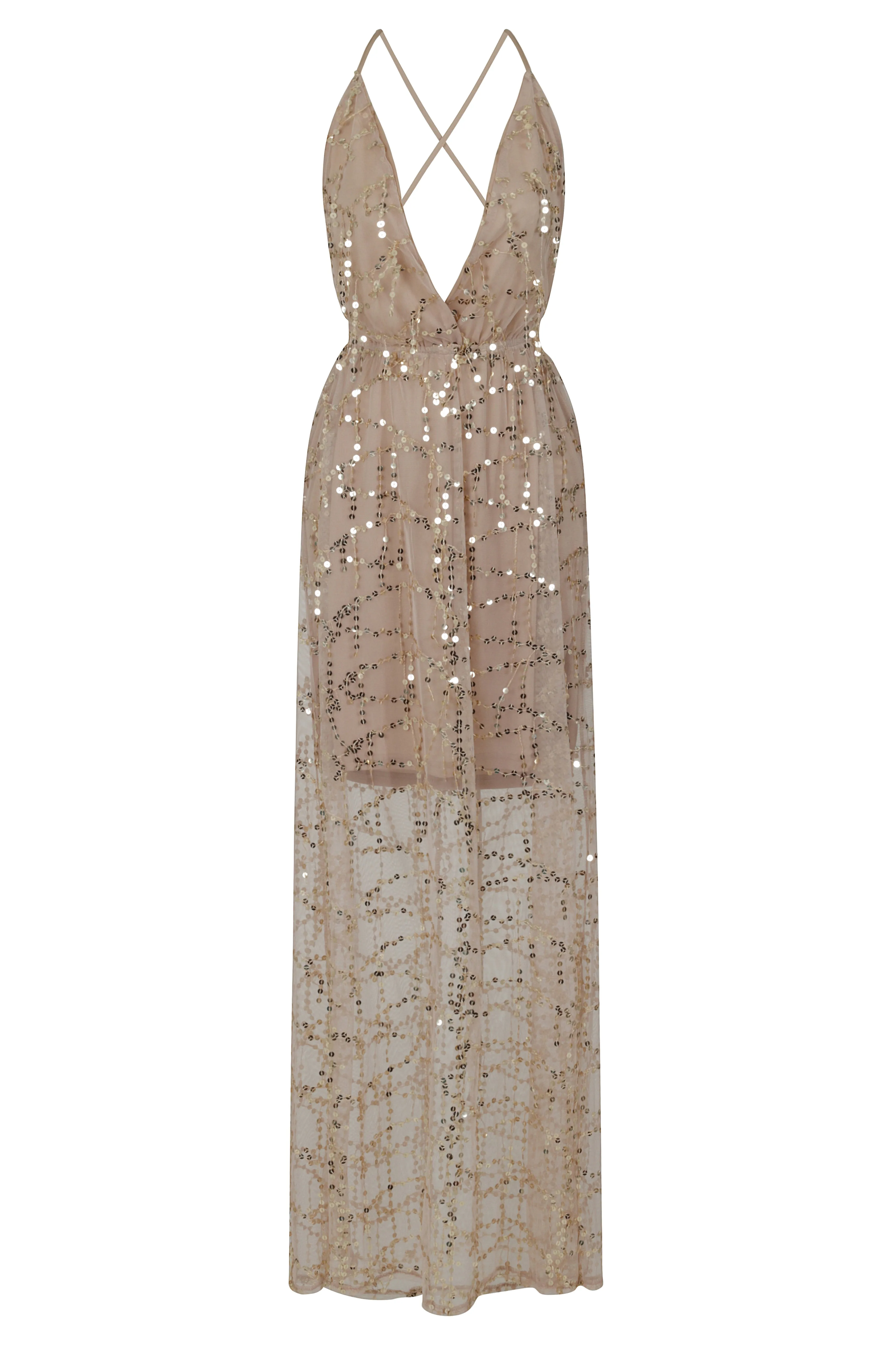 Tiffany Nude Plunge Gold Sequin Tassel Fringe Sheer Maxi Dress