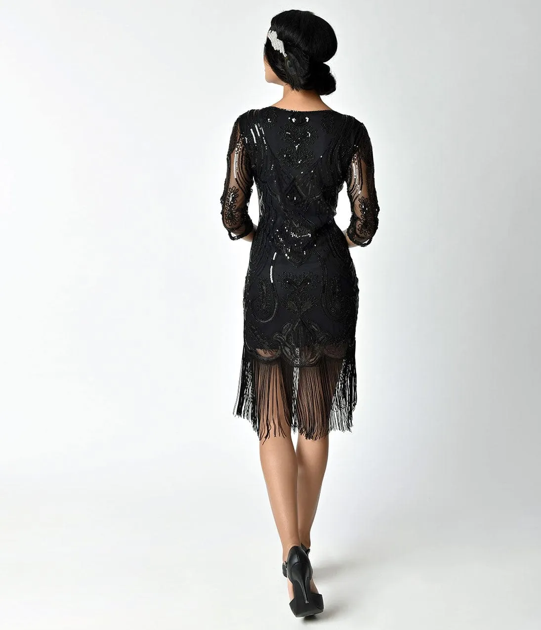 Unique Vintage 1920s Black Beaded & Sequin Margaux Sleeved Fringe Cocktail Dress