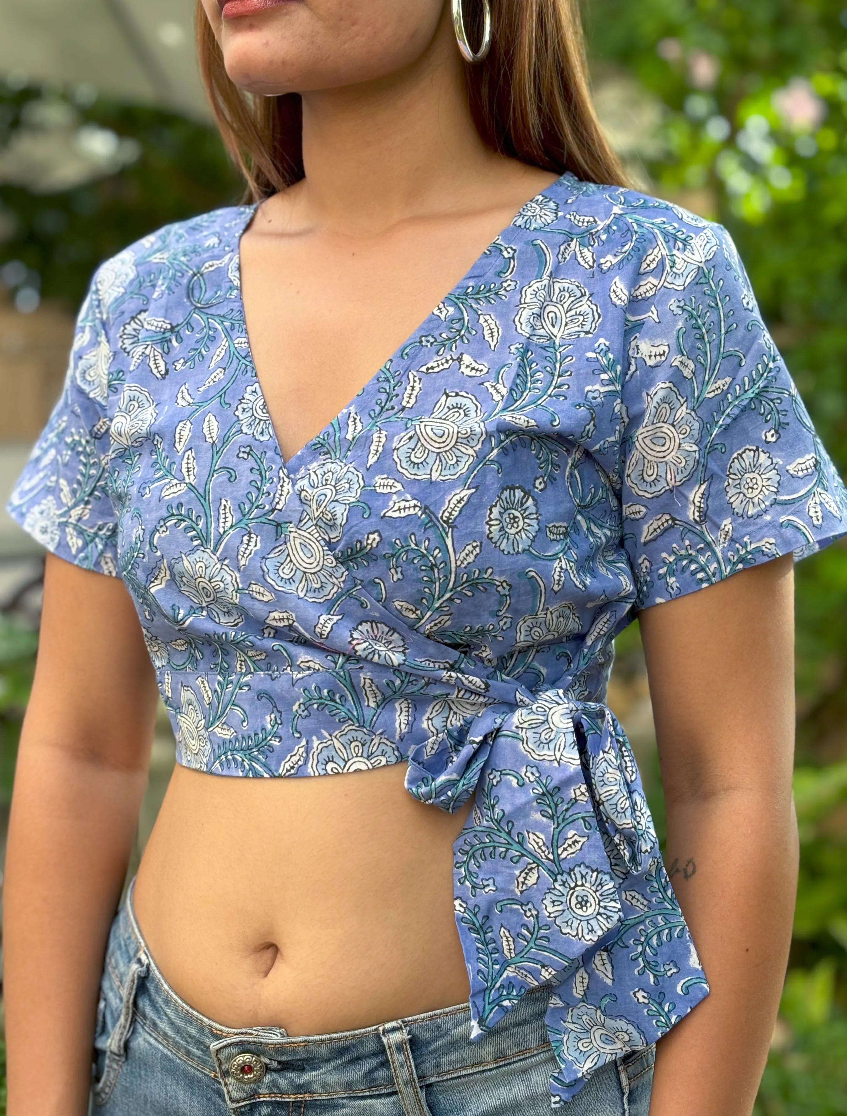 V-Neck Wrap Crop Top Blue