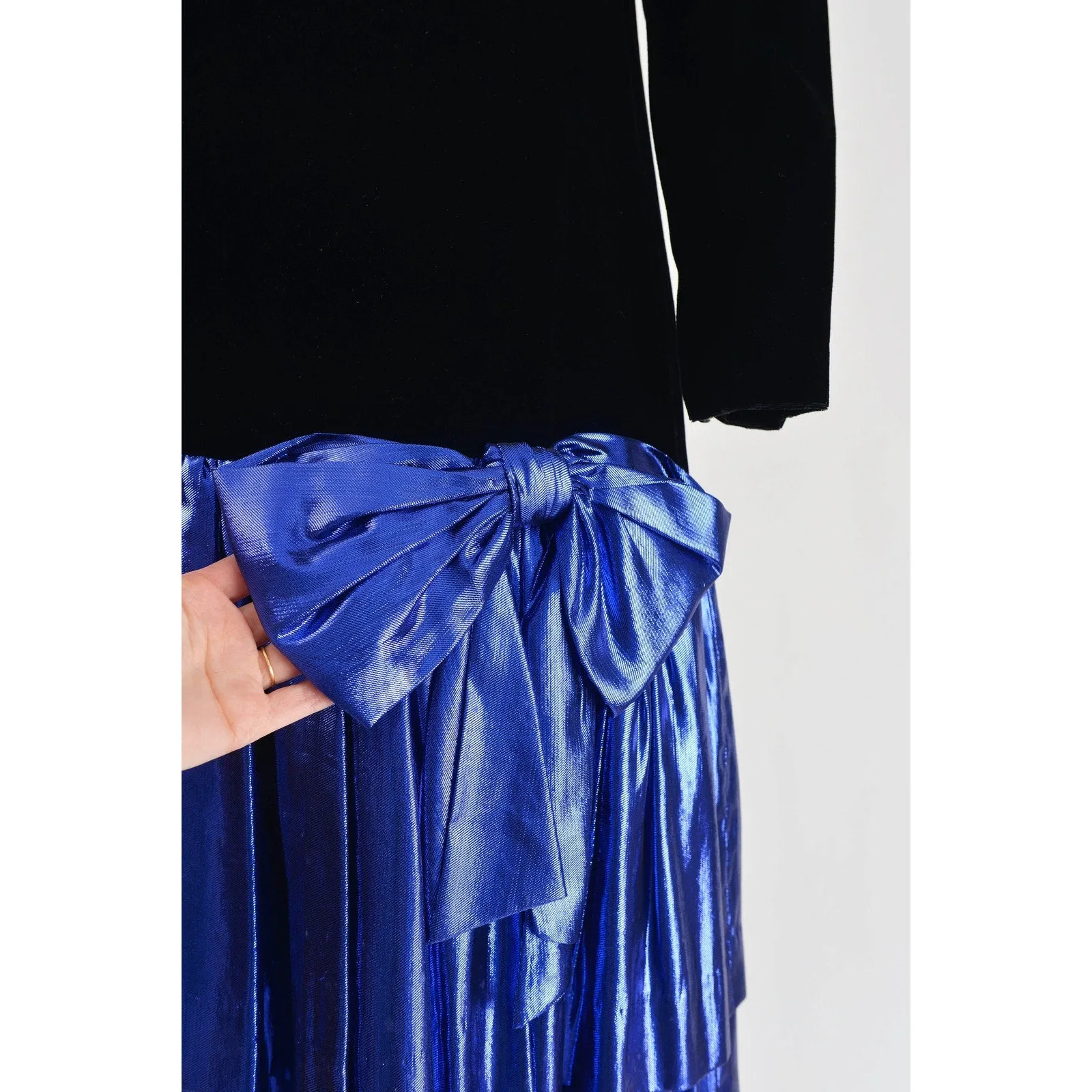 Vintage 80s Black Velvet and Metallic Blue Lame Ruffle Hem Dropped Waist Dress size S