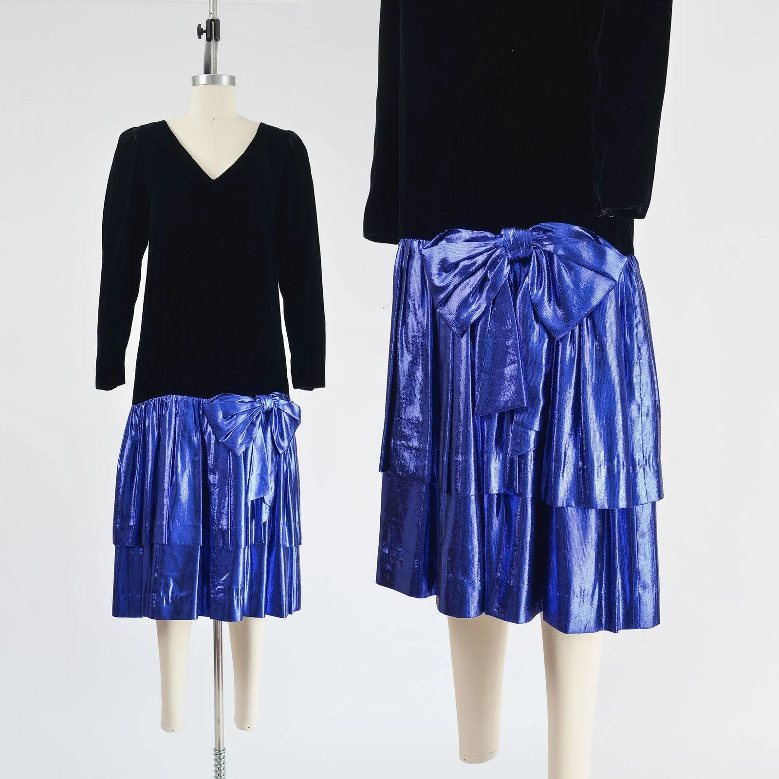 Vintage 80s Black Velvet and Metallic Blue Lame Ruffle Hem Dropped Waist Dress size S