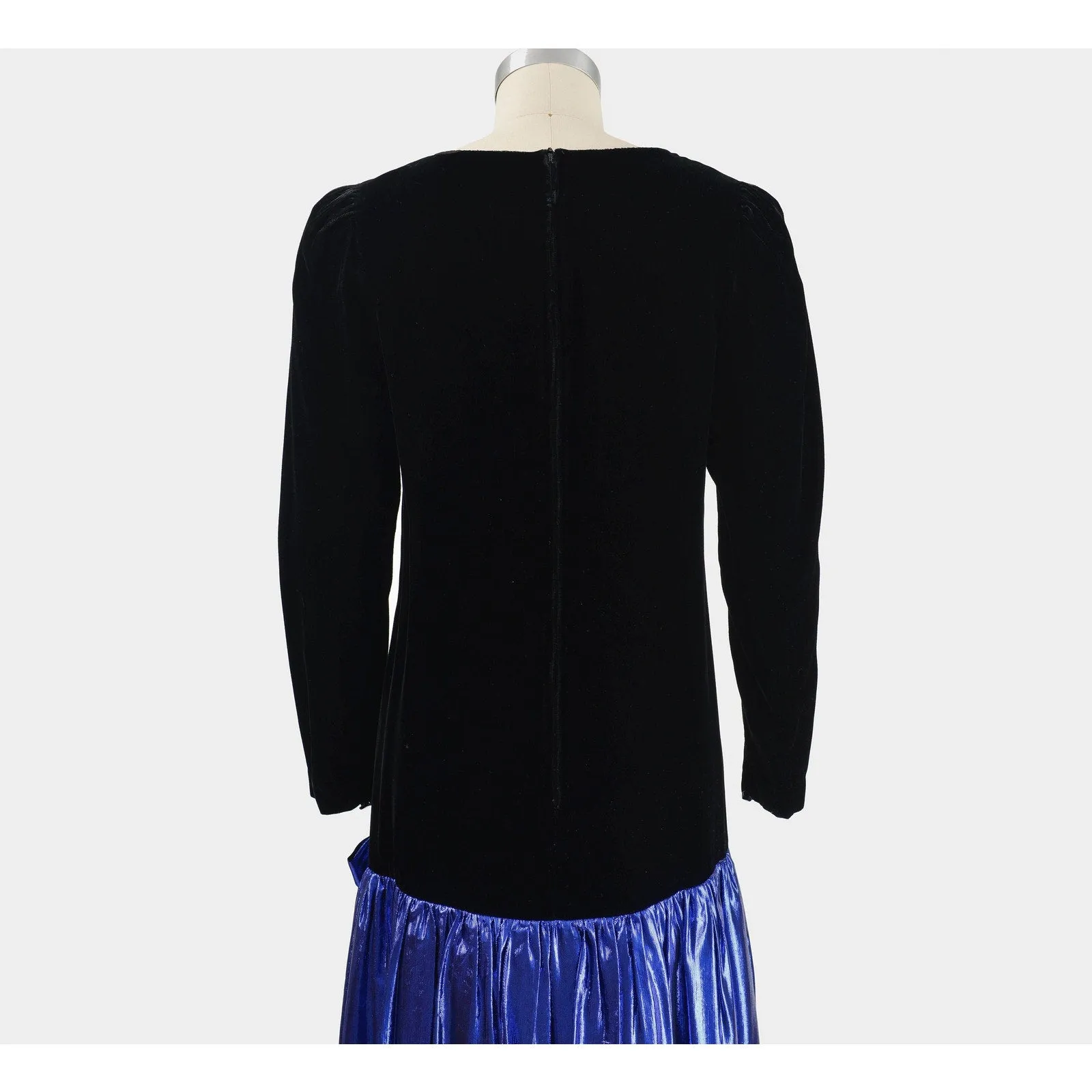 Vintage 80s Black Velvet and Metallic Blue Lame Ruffle Hem Dropped Waist Dress size S