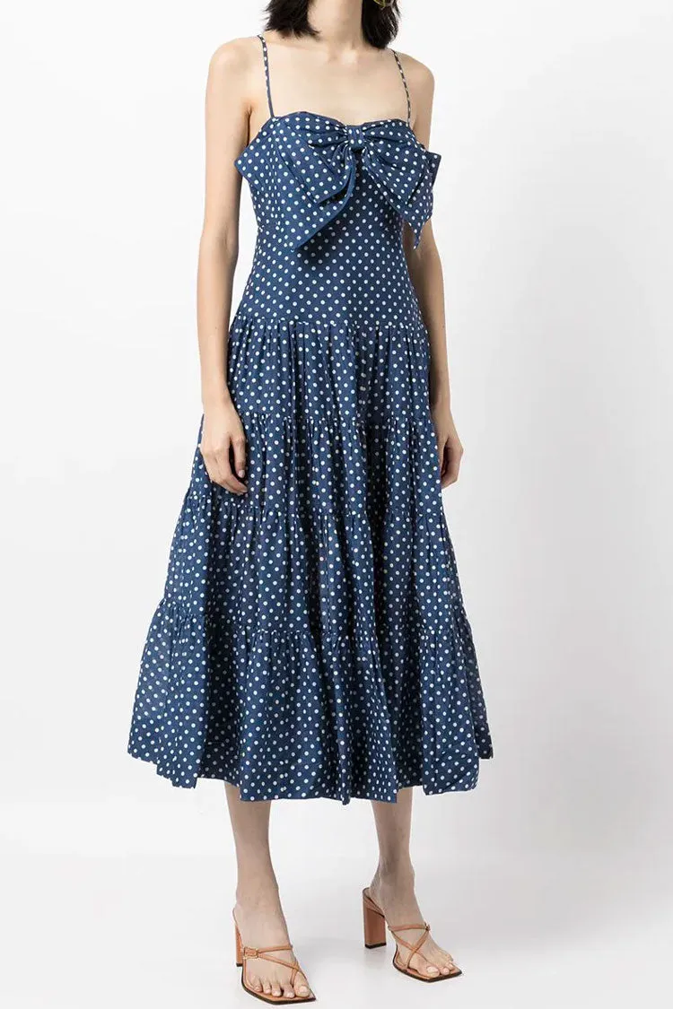 Vintage Polka Dot Oversized Bowknot Summer Midi Sundress - Blue