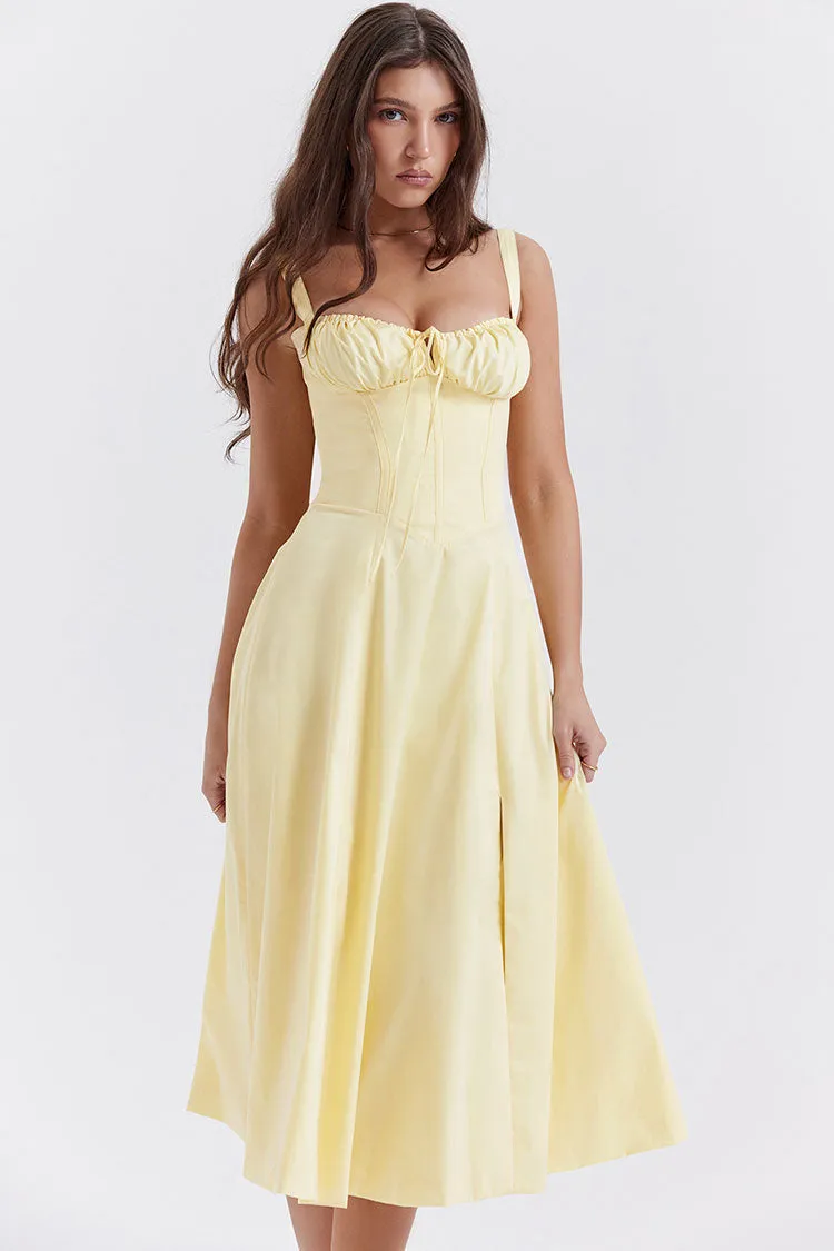 Vintage Tie Front Lace Up Back Fit & Flare Split Midi Sundress - Yellow