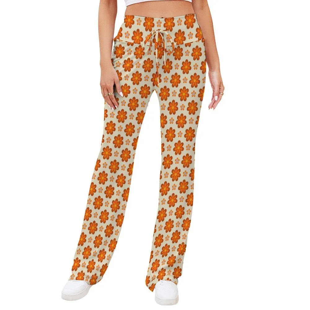 Wide Leg Pants Women, Wide Leg Yoga Pants Women, Hippie Pants Women, Orange Floral Pants Women, 70s inspired pants women