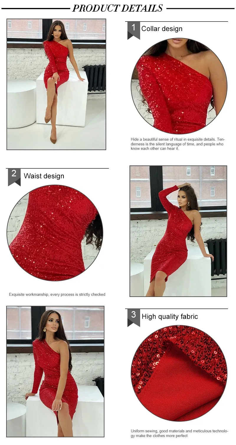 Wjczt Free Shipping Sexy One Shoulder Dress Sparkle Glitzy Sequins Dress Mesh Patchwork Celebrity Christmas Party Vestidos