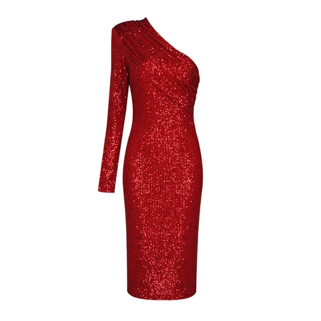 Wjczt Free Shipping Sexy One Shoulder Dress Sparkle Glitzy Sequins Dress Mesh Patchwork Celebrity Christmas Party Vestidos