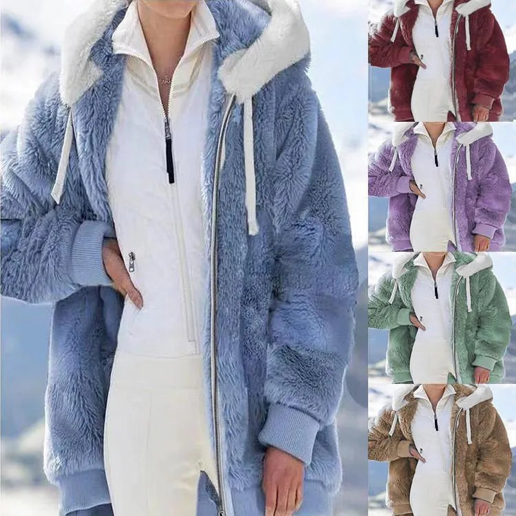 Women hoodie drawstring zipper long sleeve faux fur coat