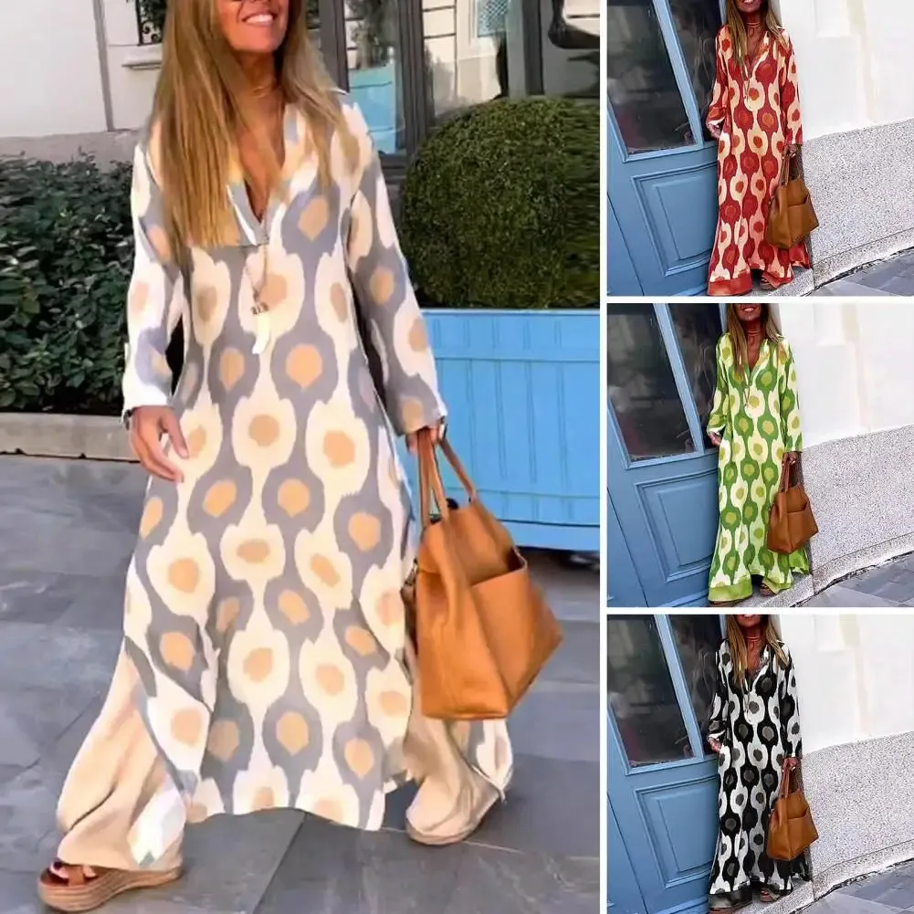 Women Maxi Dress Printing V-neck Beach Dress Hem Slit Contrast Color Maxi Dress Long Sleeves Lady Summer Dress Female Clothes