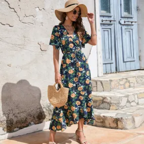 Women Wrap Style Summer Floral Dress With Ruffles