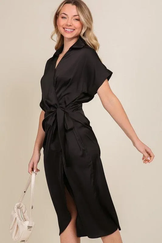 Womens Black Surplice Satin Wrap Dress