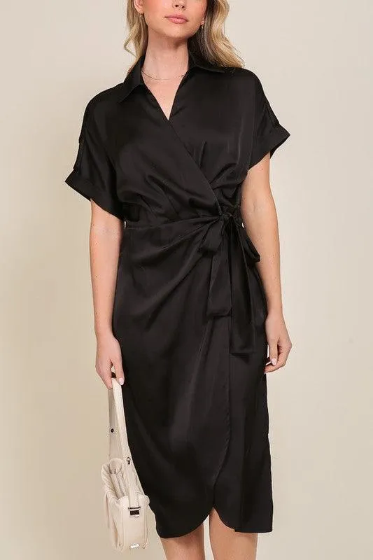 Womens Black Surplice Satin Wrap Dress