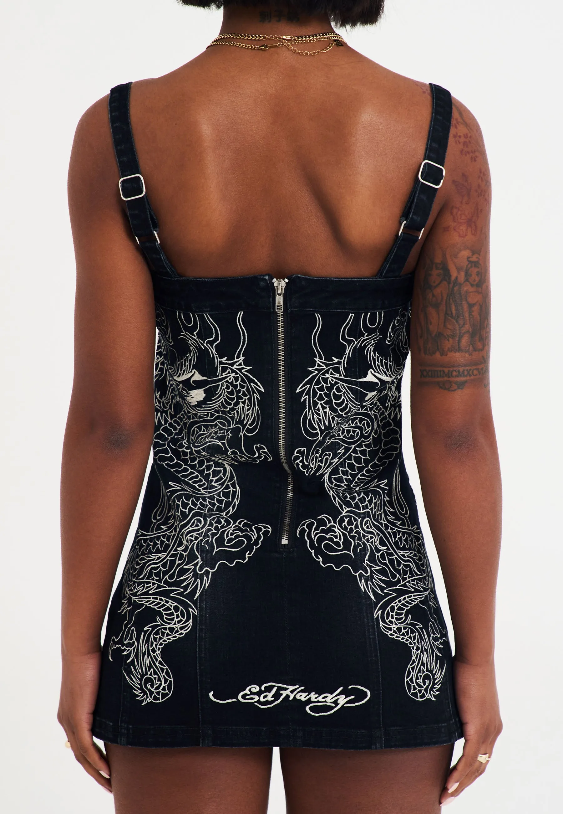 Womens Dragon Flame Denim Mini Dress - Black