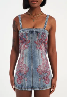 Womens Dragon Flame Denim Mini Dress - Mid Blue