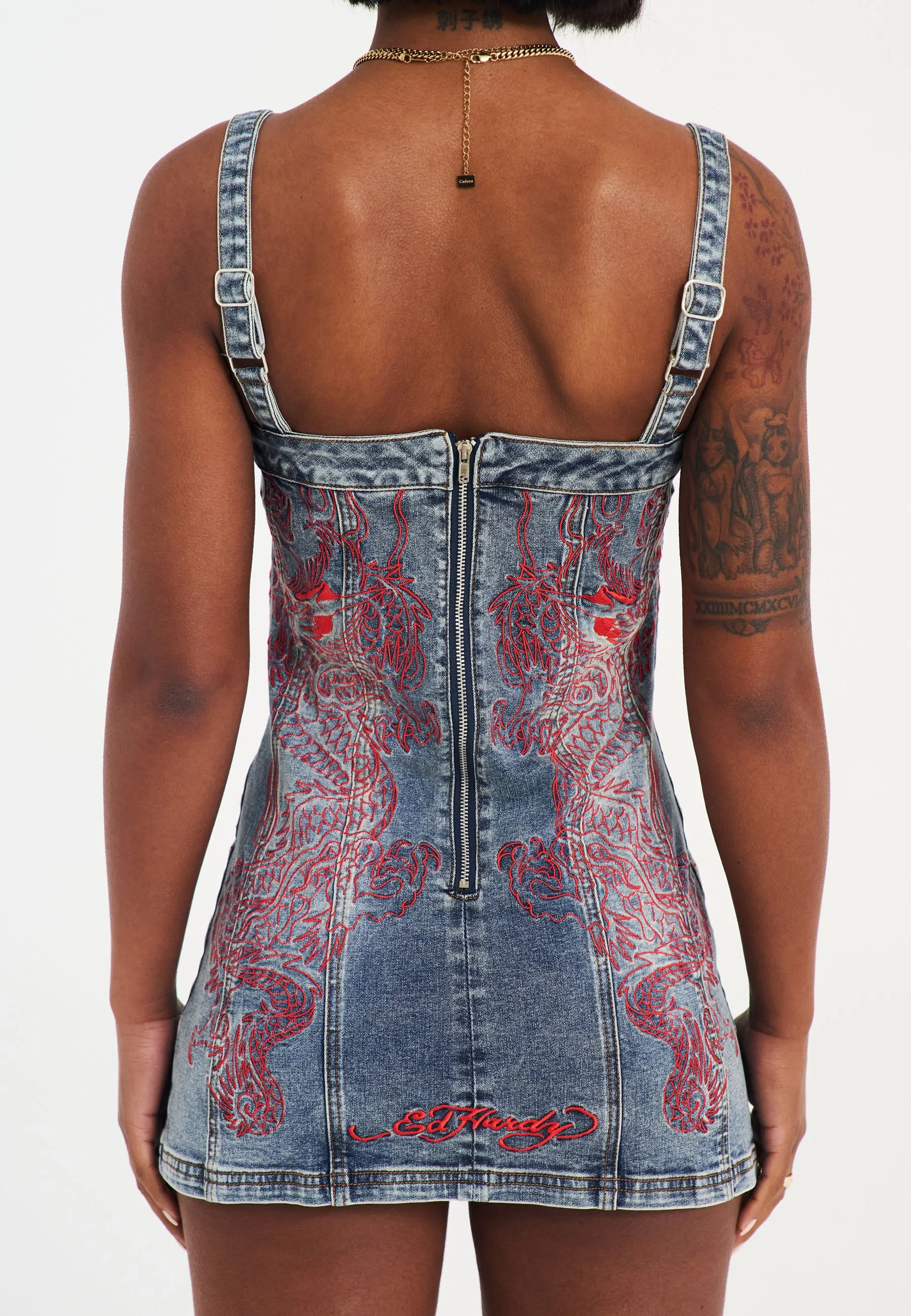 Womens Dragon Flame Denim Mini Dress - Mid Blue