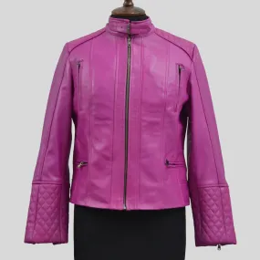 Women's Quilted Cuffs Pink Genuine Leather Cafe Racer Motorcycle Jacket