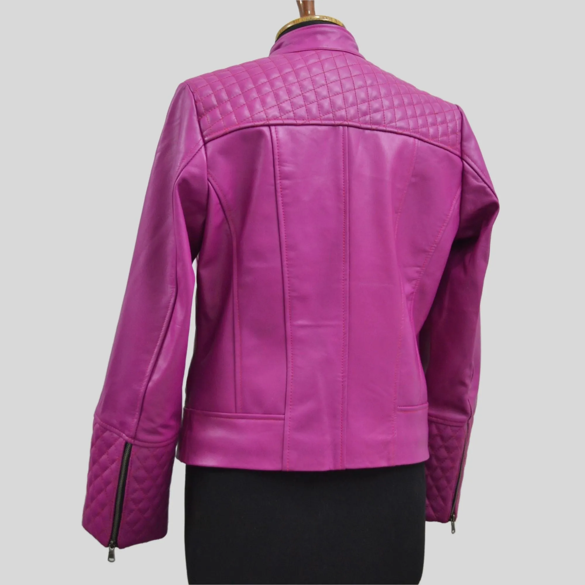 Women's Quilted Cuffs Pink Genuine Leather Cafe Racer Motorcycle Jacket