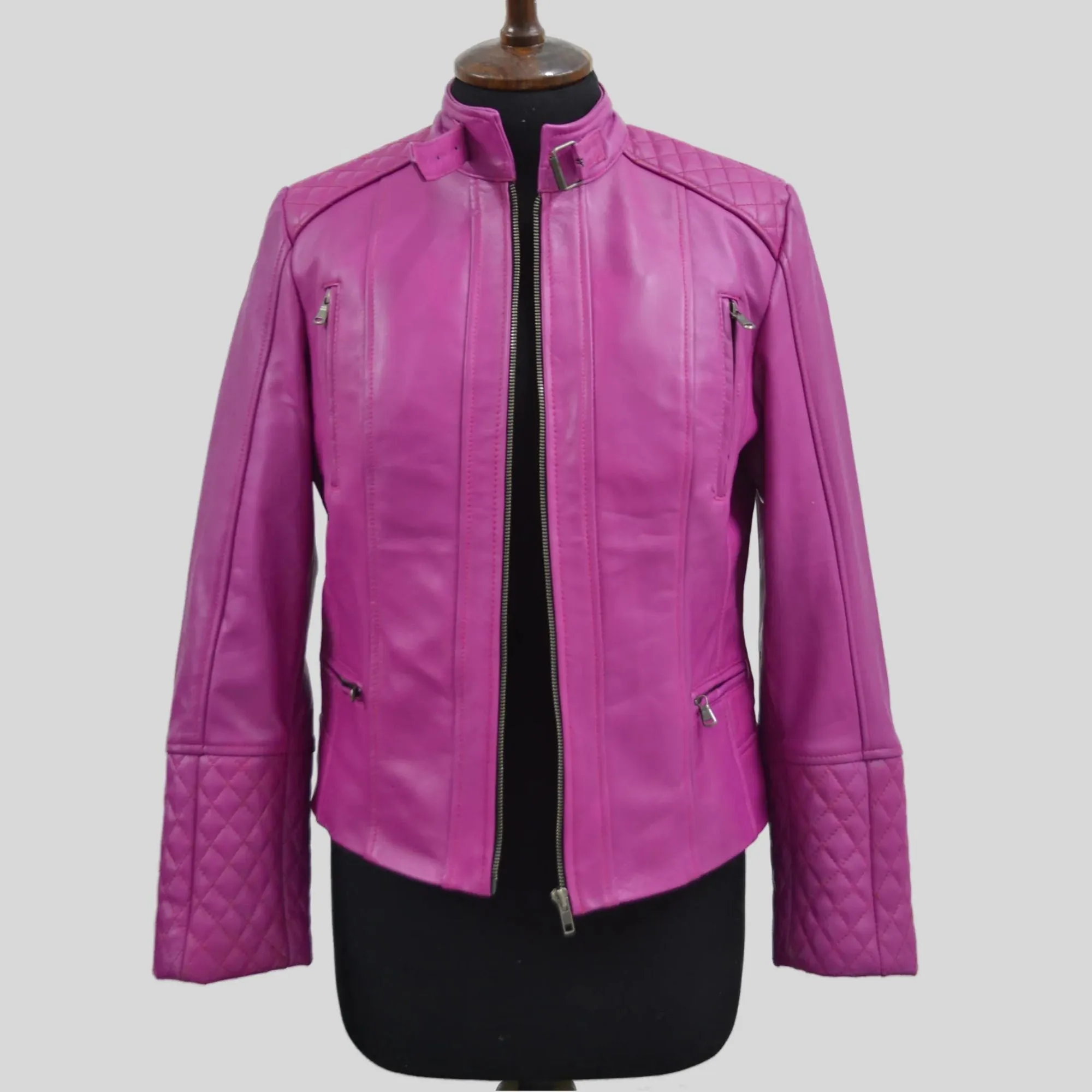 Women's Quilted Cuffs Pink Genuine Leather Cafe Racer Motorcycle Jacket