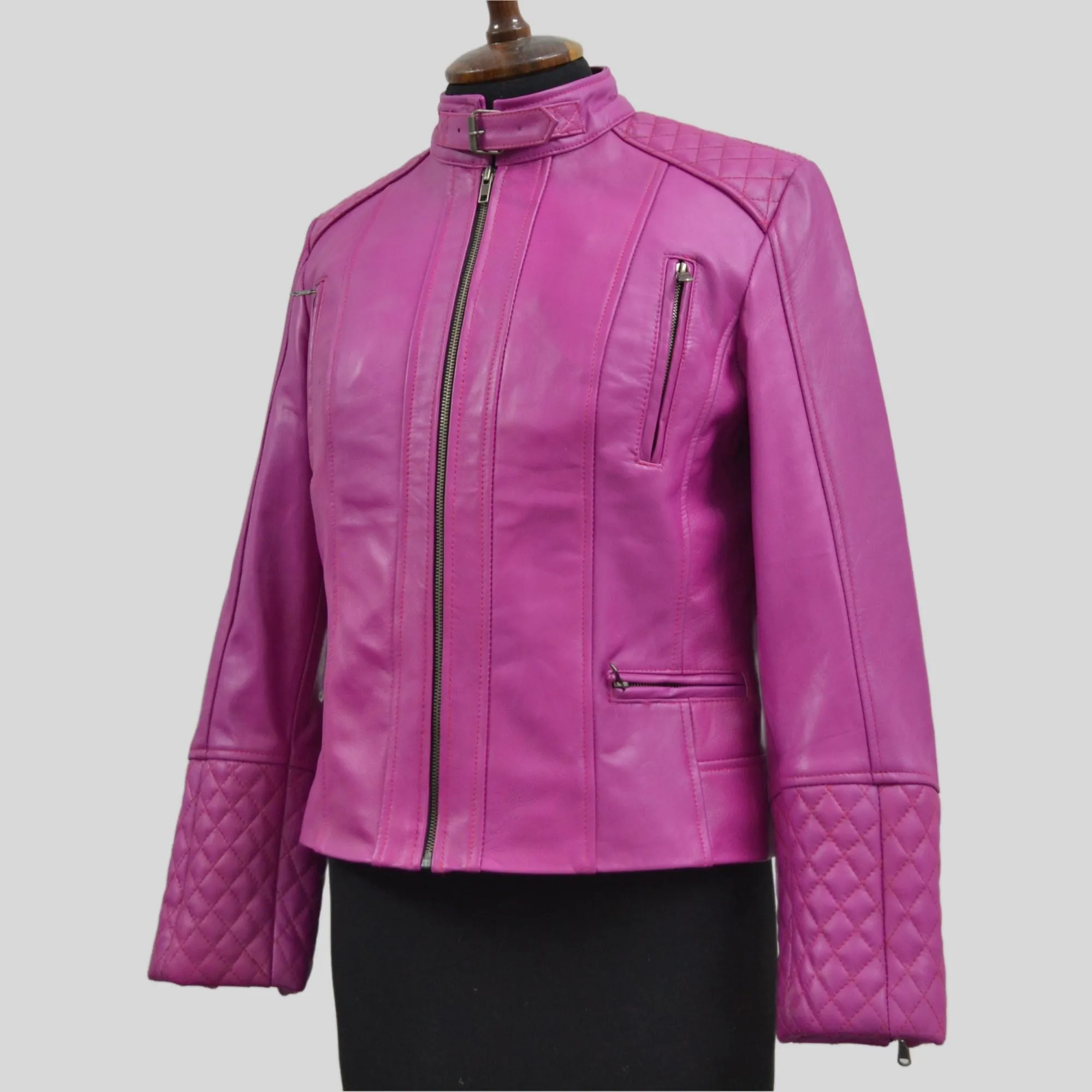 Women's Quilted Cuffs Pink Genuine Leather Cafe Racer Motorcycle Jacket