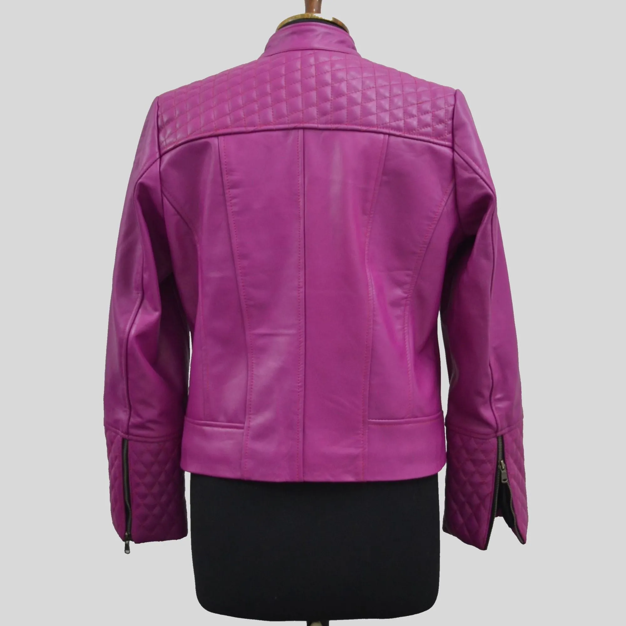 Women's Quilted Cuffs Pink Genuine Leather Cafe Racer Motorcycle Jacket