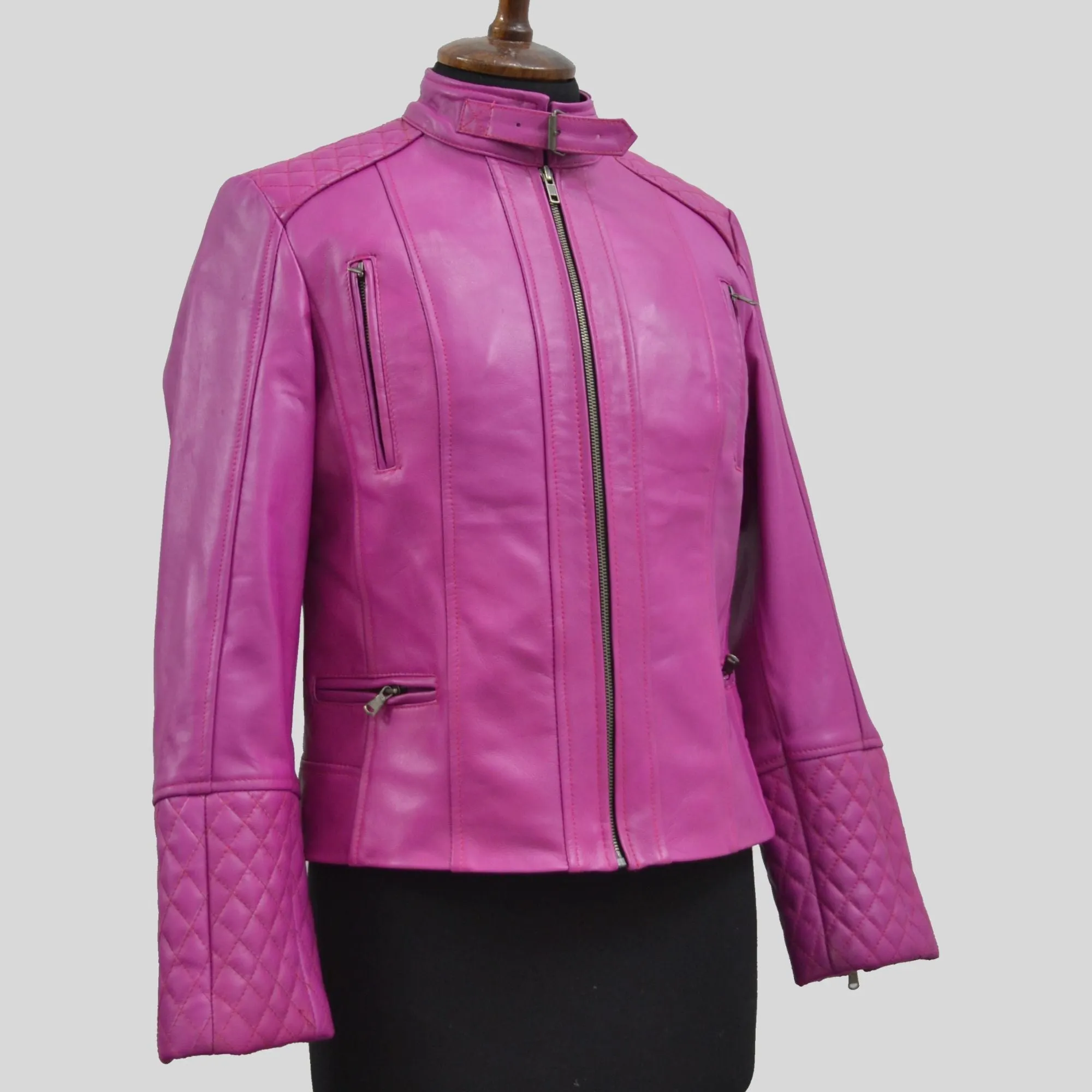 Women's Quilted Cuffs Pink Genuine Leather Cafe Racer Motorcycle Jacket