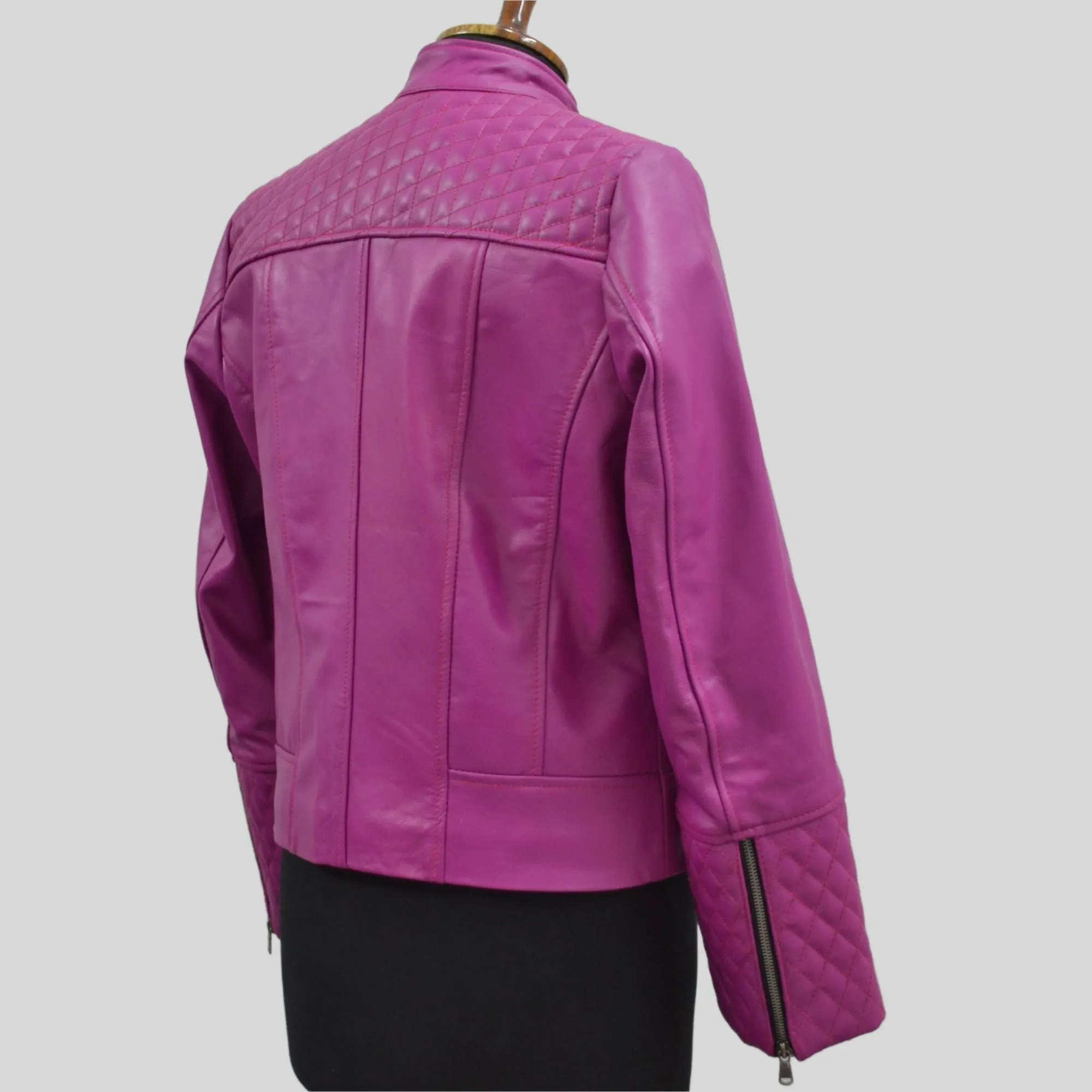 Women's Quilted Cuffs Pink Genuine Leather Cafe Racer Motorcycle Jacket