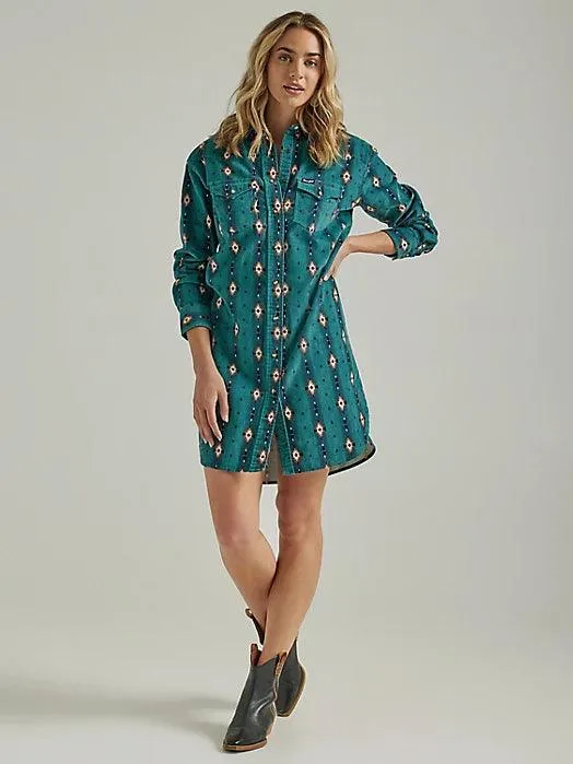 Wrangler Retro® Women's Checotah Cord Western Shirt Dress in Teal Blue 112339170