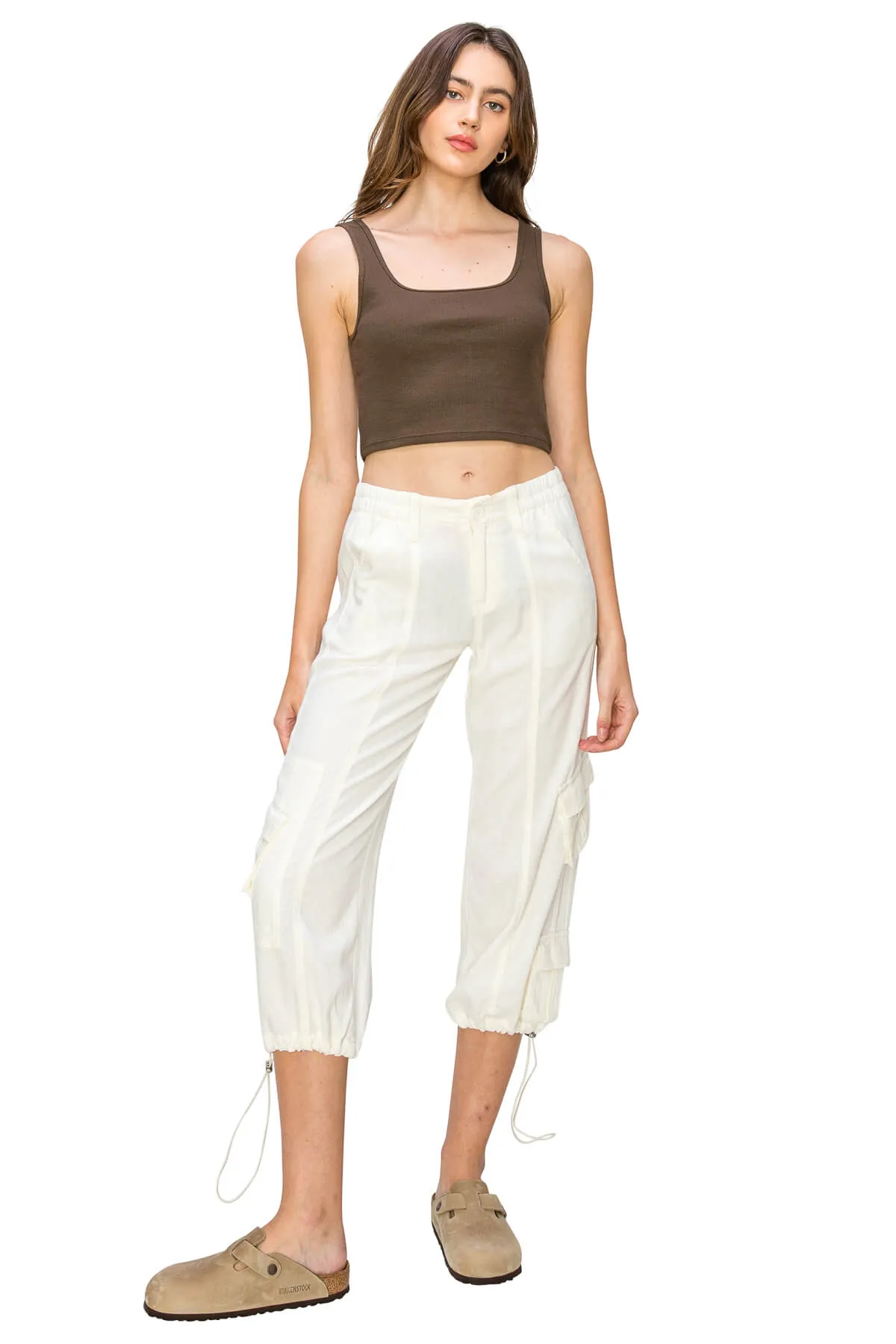 Y2K Cropped Linen Cargo Pants - White